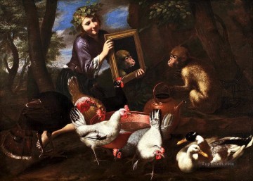動物 Painting - 猿を見る鏡
